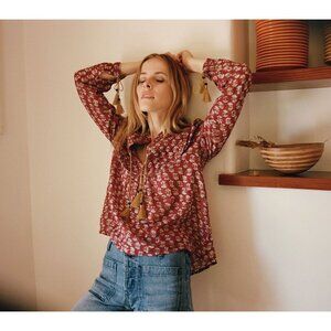 Doen Quilted Tassel Tie Red Floral Longsleeve Shirt Blouse Top Extra Small XS